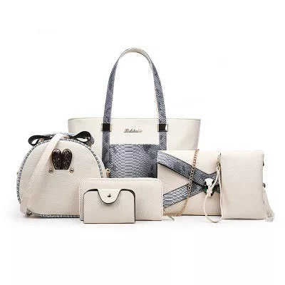 Women's stylish shoulder bag with zipper closure and multiple pockets in light gray, black, off-white, and rose red.