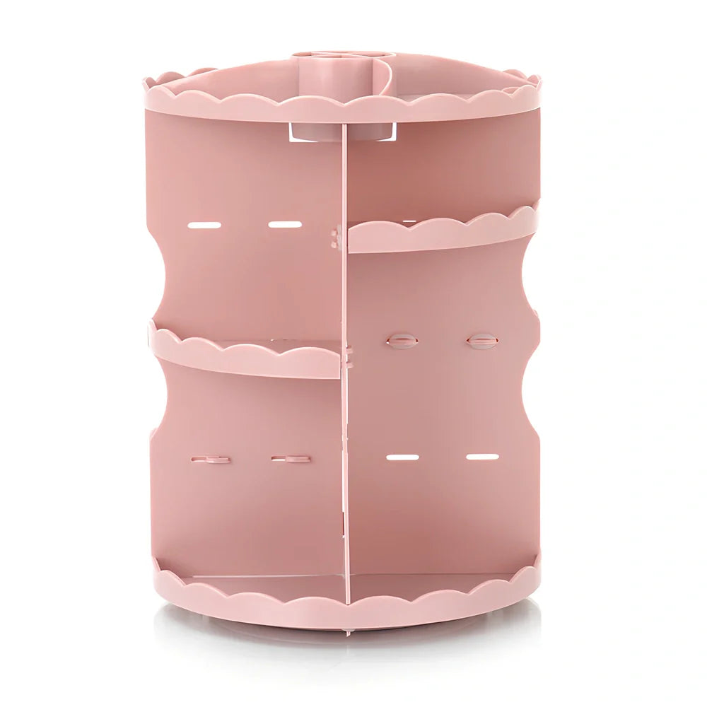 Rotating cosmetics organiser with 360-degree mechanism measuring 23 x 30.5cm in plastic construction