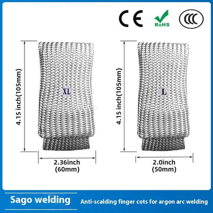 Glass fiber TIG welder finger cots with fiberglass lining, anti-scalding, in Large XL and Small L sizes.