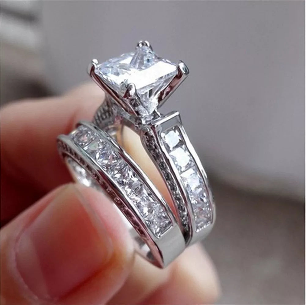 Silver princess cut CZ couple rings for anniversaries and weddings, sizes 5-12