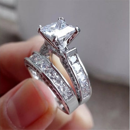 Silver princess cut CZ couple rings for anniversaries and weddings, sizes 5-12