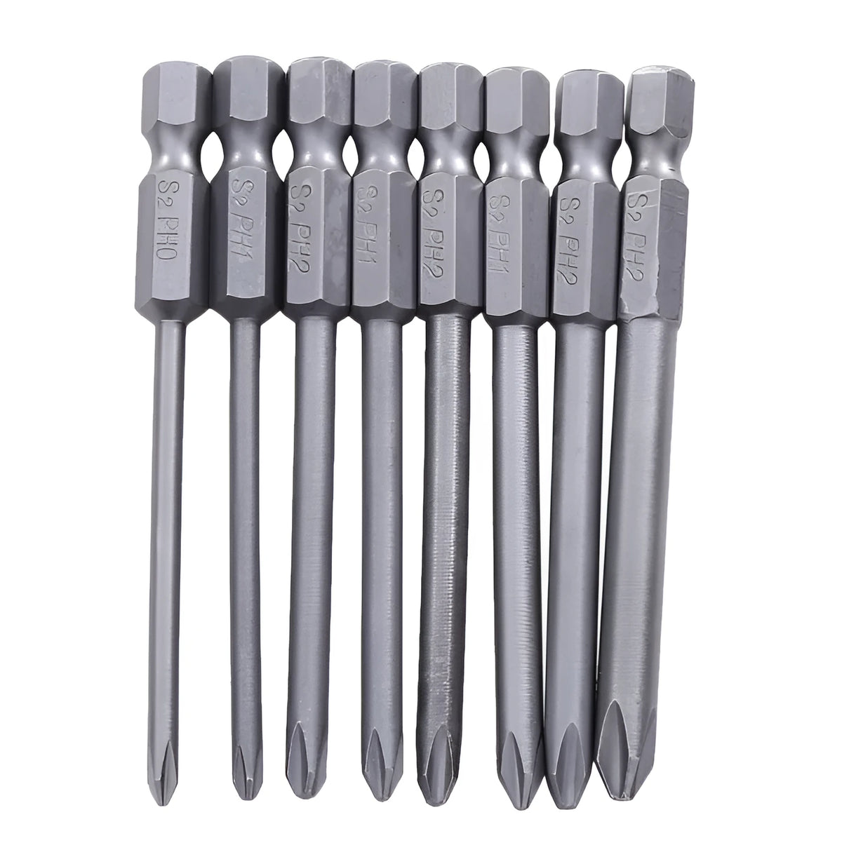 Set of eight long 75mm magnetic Phillips screwdriver bits with hex shanks on a white background.