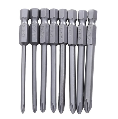 Set of eight long 75mm magnetic Phillips screwdriver bits with hex shanks on a white background.