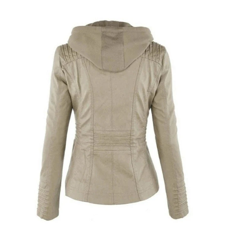 A fashionable hooded leather jacket with pockets, available in various colors and sizes for women's casual outerwear.