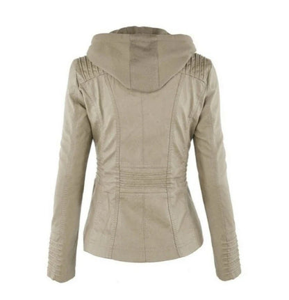 A fashionable hooded leather jacket with pockets, available in various colors and sizes for women's casual outerwear.