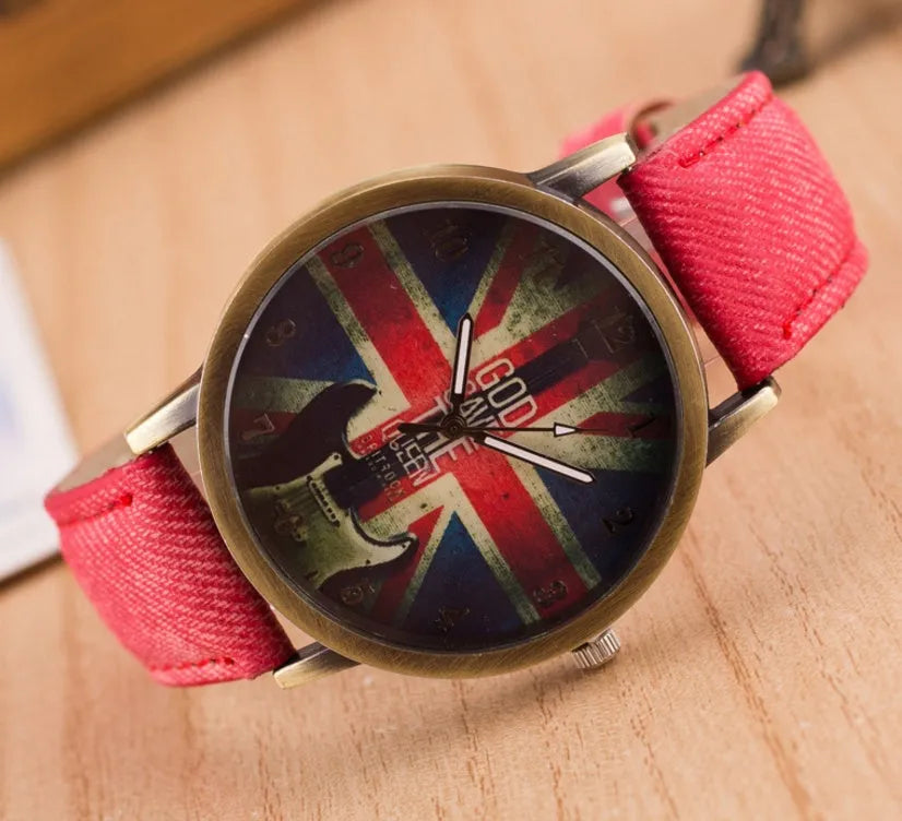 UK flag wrist watch with Union Jack dial, antique bronze finish, metal case and leather strap