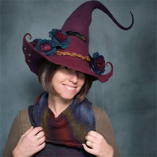 Handcrafted merino wool witch hat in various colors for Halloween and cosplay