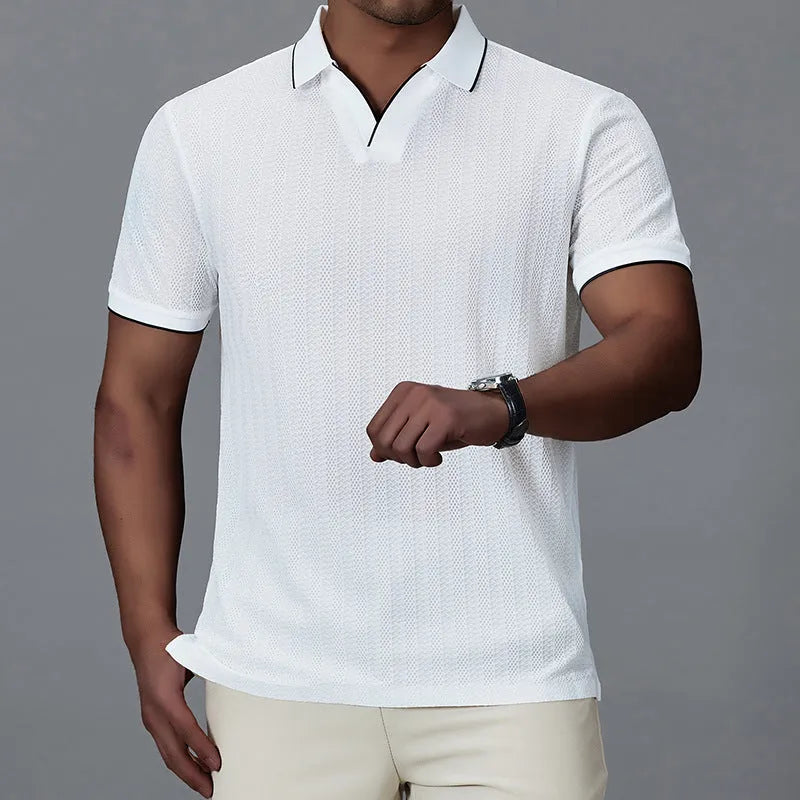 Men's loose fit short-sleeved polo shirt in ice silk nylon available in white, black, and orange colours