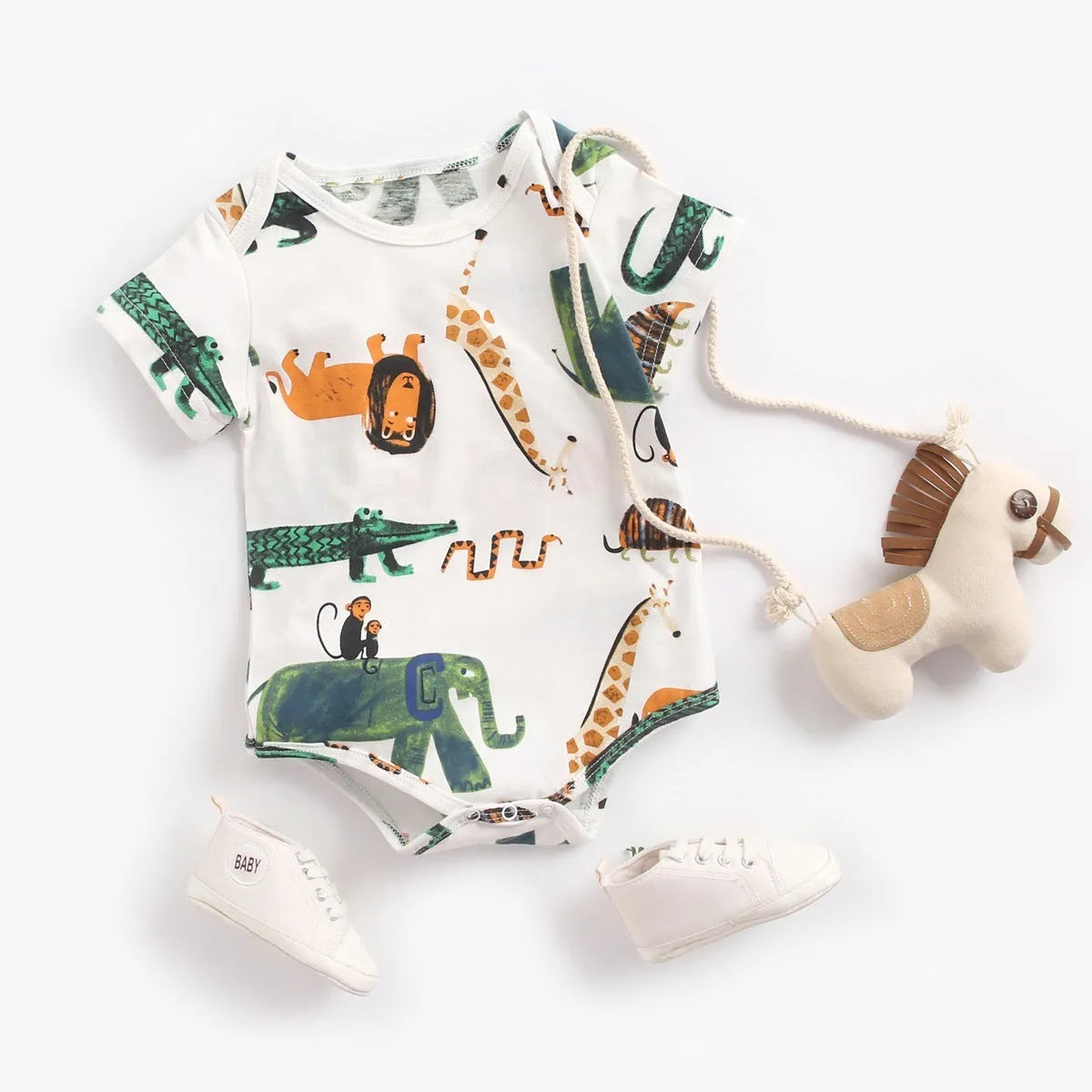 100% cotton short sleeve baby bodysuit in green animal forest print, sizes 0-6m to 2-3T