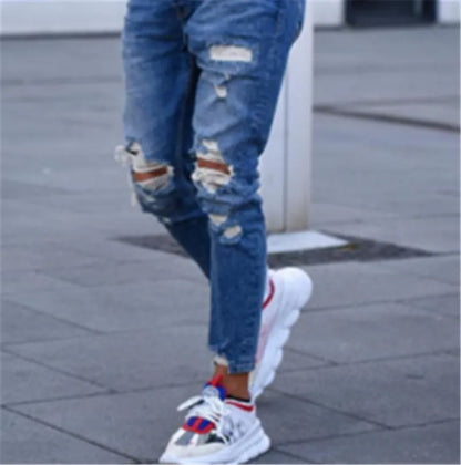 Men's distressed hole style jeans in deep blue cotton denim