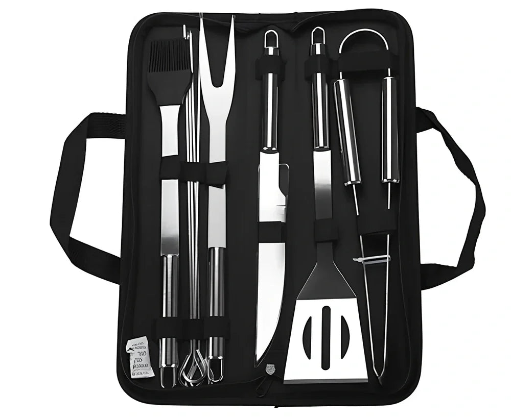 10-piece stainless steel BBQ tool set with shovel, knife, clip, strings, fork, brush in storage bag