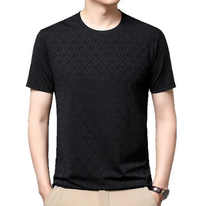 Men's black loose fit short sleeve t-shirt with round neck in ice silk jacquard fabric