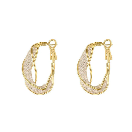 Geometric mesh crystal sterling silver earrings with 2.5cm diameter and ring elements