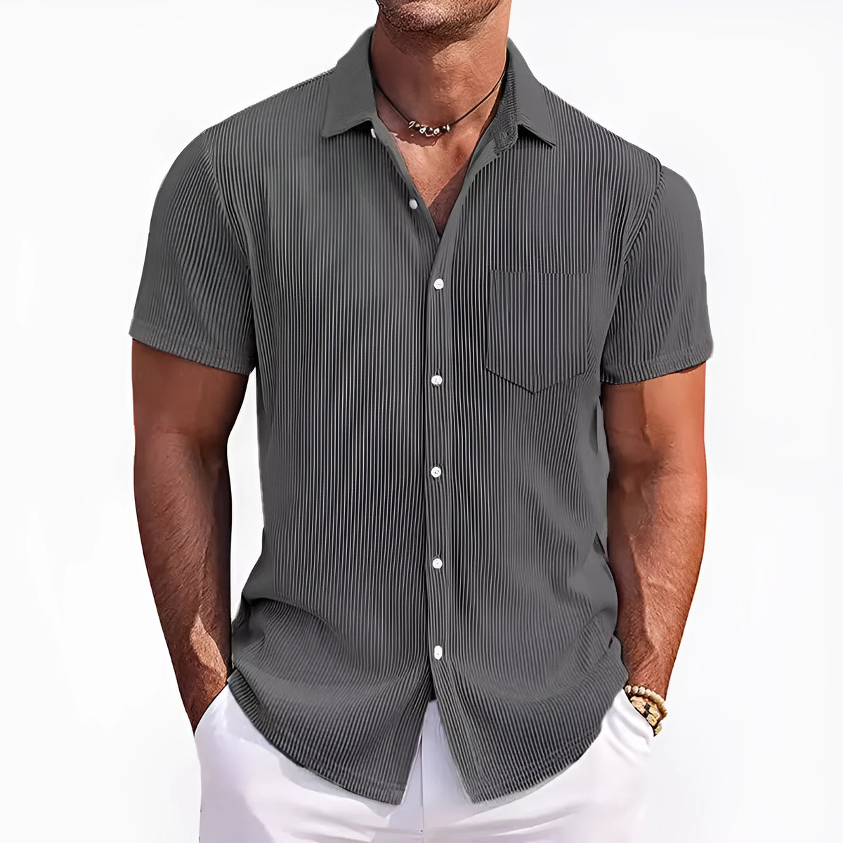 Men's solid colour loose fit short-sleeved shirt with vertical striped detail in a selection of colours.