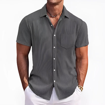 Men's solid colour loose fit short-sleeved shirt with vertical striped detail in a selection of colours.