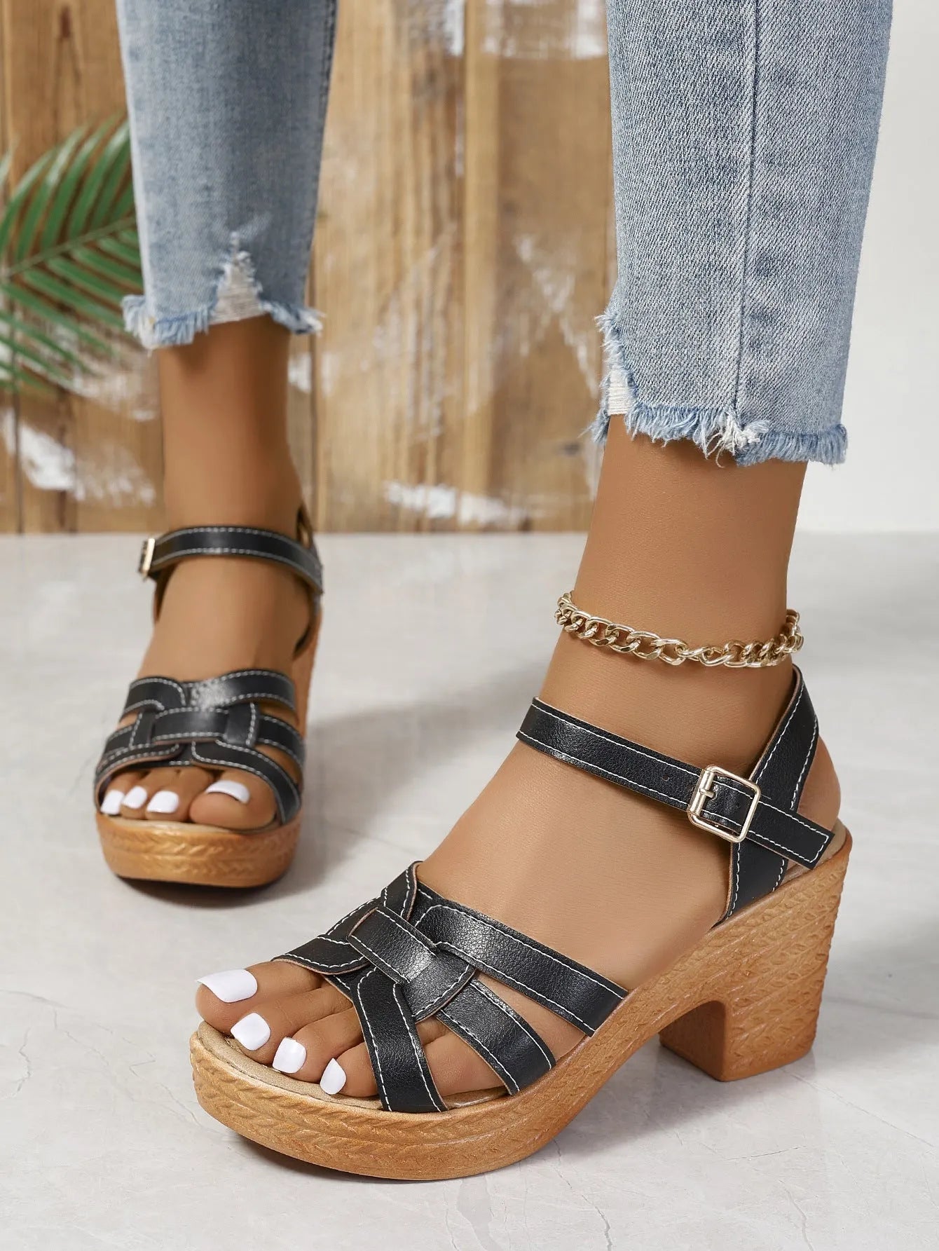 Plus size women's black peep toe sandals with chunky heel and buckle ankle strap
