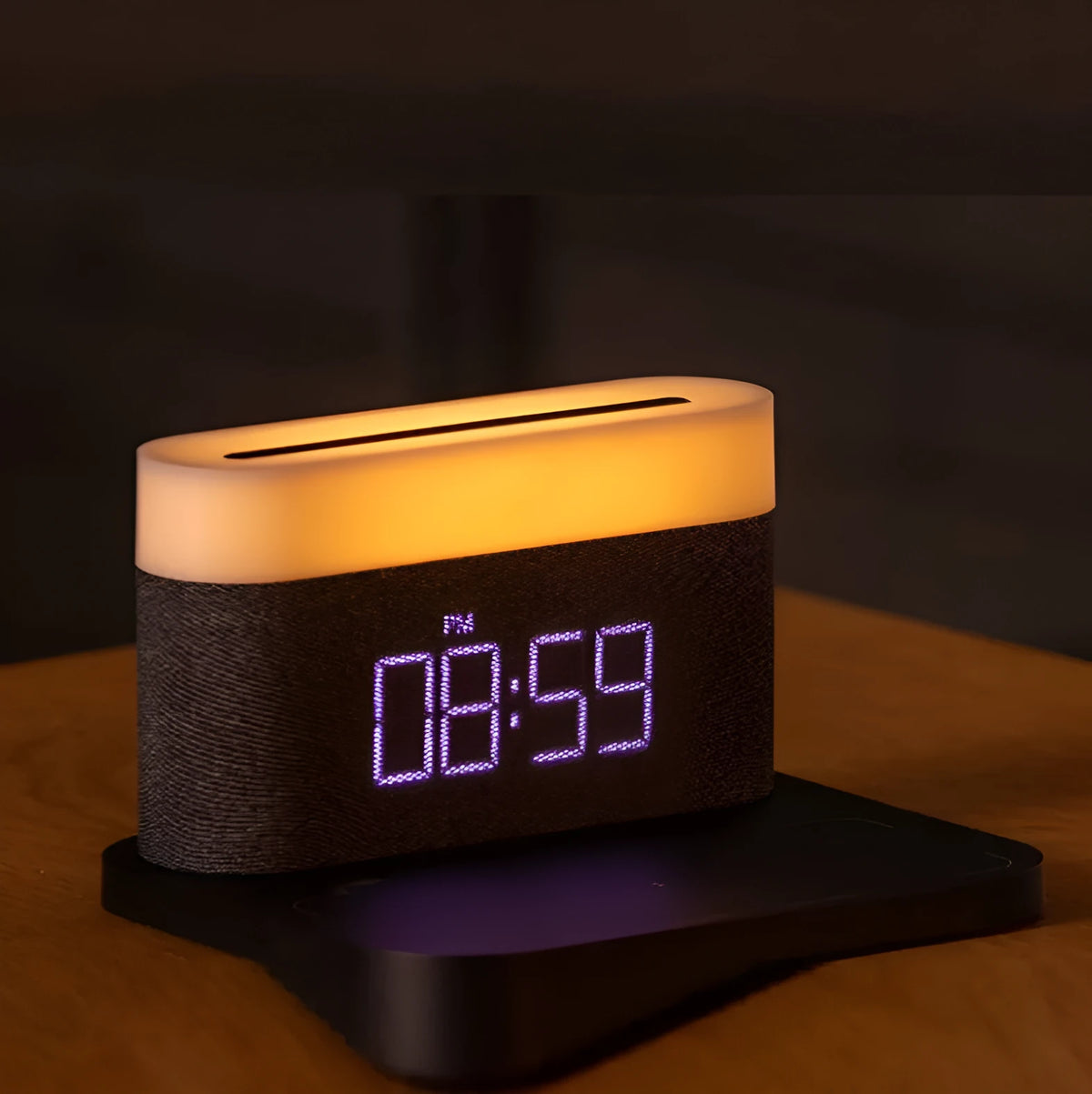 Four-in-one table lamp with clock and wireless phone charger, 12V Micro USB, White or Black