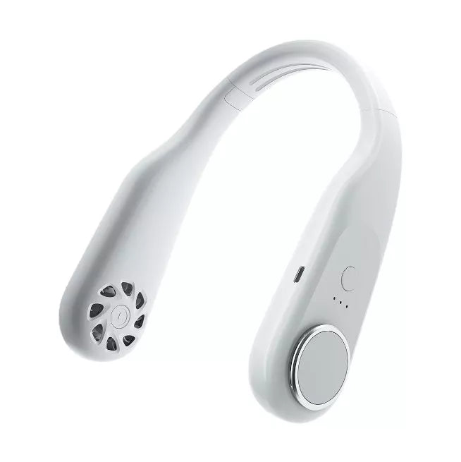 USB-powered leafless halter fan in classic black with adjustable neck strap