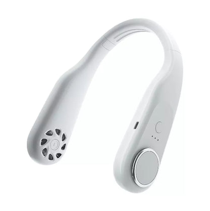 USB-powered leafless halter fan in classic black with adjustable neck strap