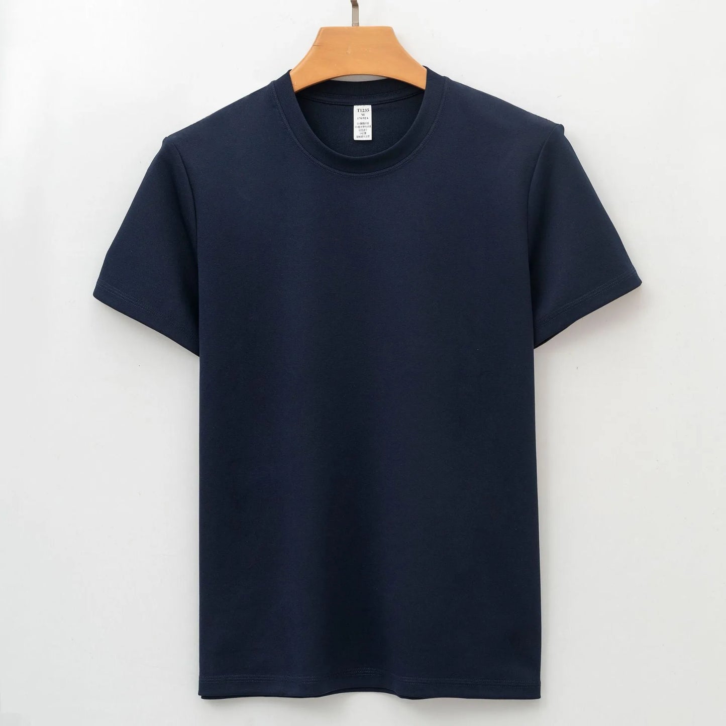 Men's solid colour antibacterial quick-dry short sleeve T-shirt on a hanger.