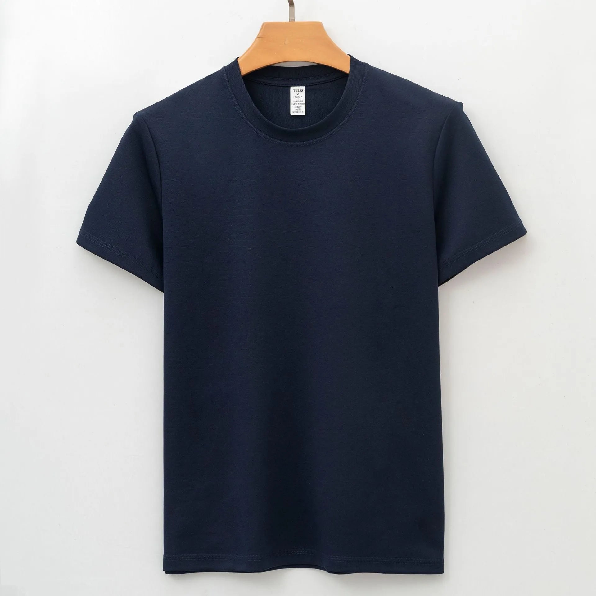 Men's solid colour antibacterial quick-dry short sleeve T-shirt on a hanger.