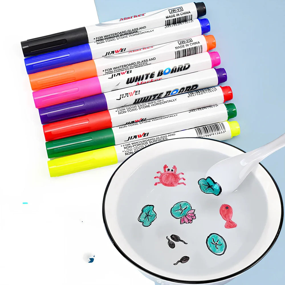 Children's 12-colour floating pen water painting set with plastic spoon, 15cm pens for mess-free art on paper