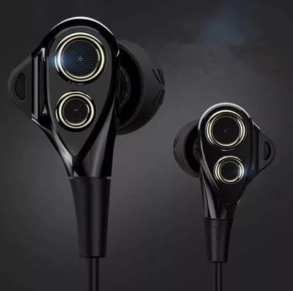 Black and silver metal in-ear headphones with tangle-free cable and inline microphone remote.