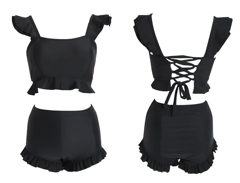 Black split bikini with steel tray support and no underwire, showing front and back views