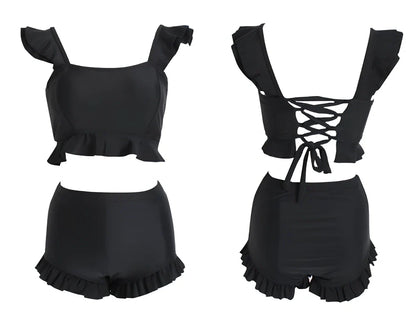 Black split bikini with steel tray support and no underwire, showing front and back views