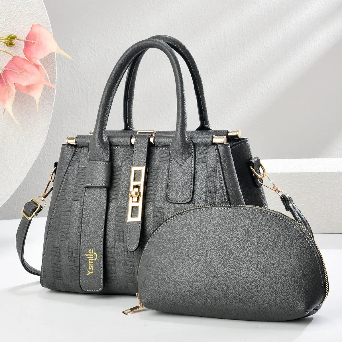 Round black PU leather crossbody handbag with adjustable shoulder strap showing interior and dimensions