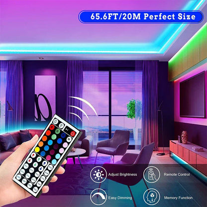 Customizable 65-ft RGB LED light strips in various home decor settings, including bedroom, living room, and TV backlighting