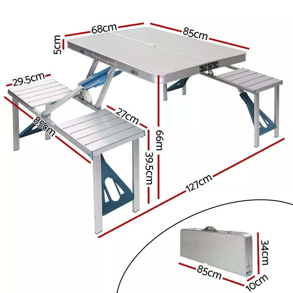 Aluminum alloy folding table and chair set in silver gray and blue, perfect for outdoor use