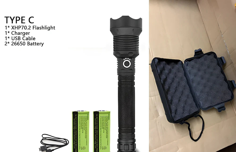 Black aviation aluminium LED torch with telescopic zoom lens showing extended and retracted positions