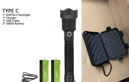 Black aviation aluminium LED torch with telescopic zoom lens showing extended and retracted positions