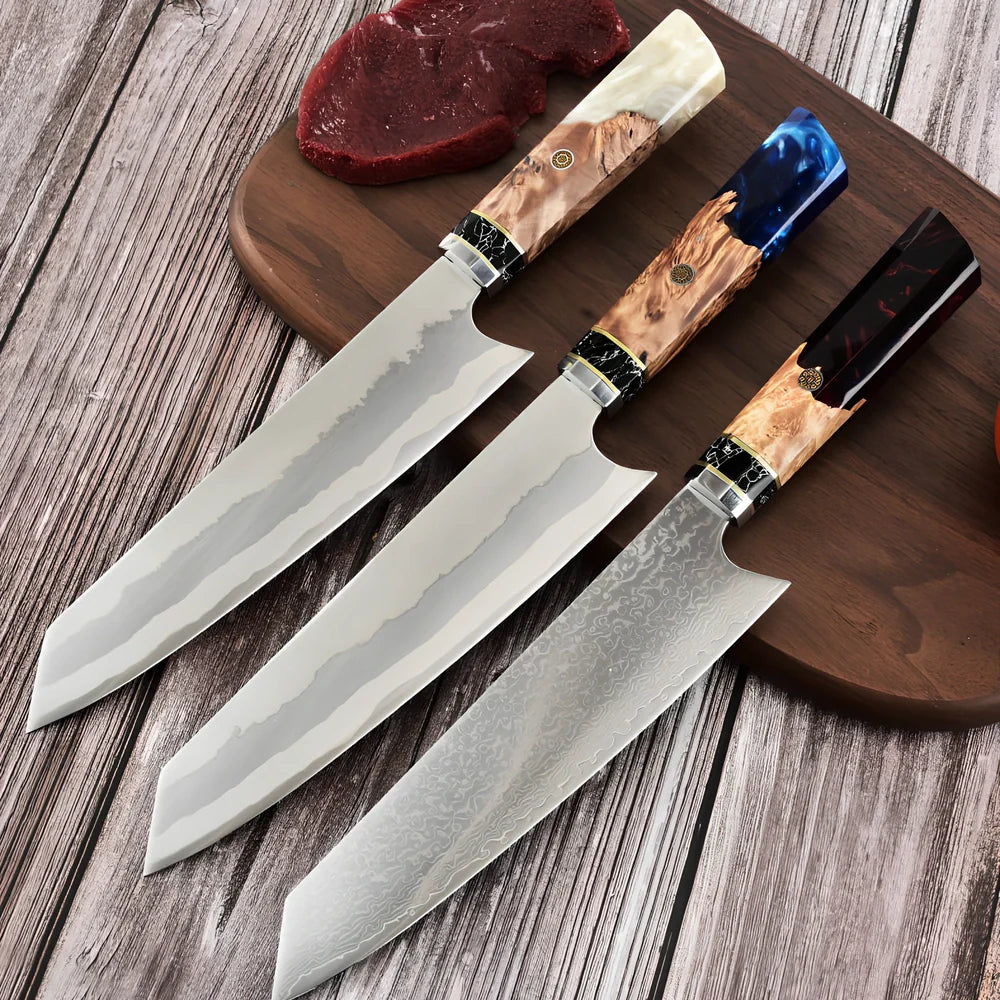 Stainless steel chef knife with 20cm blade and resin handle featuring turquoise stone inlays