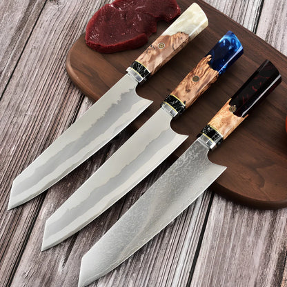 Stainless steel chef knife with 20cm blade and resin handle featuring turquoise stone inlays