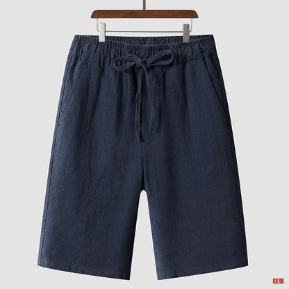 Men's linen casual shorts with elastic waistband in loose cropped design showing beige colour option