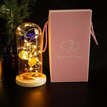 Enchanted Forever Rose in Glass LED Light Christmas Decoration with wooden base