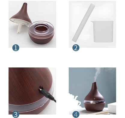 Round wood grain humidifier with USB cable on wooden surface