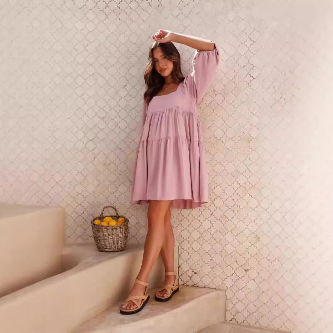 Children's solid colour dress with square collar, puff sleeves, backless design, and A-line skirt in orange or light blue