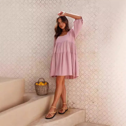 Children's solid colour dress with square collar, puff sleeves, backless design, and A-line skirt in orange or light blue