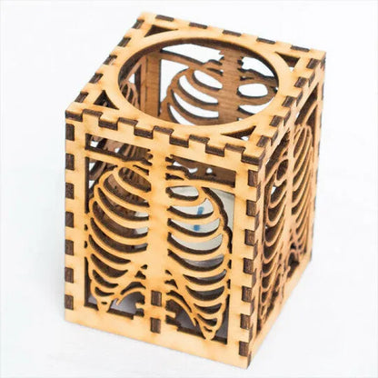 Wooden Halloween shadow lamp with head bone and rib design, American style, 18cm x 13cm x 13cm, picture colour.