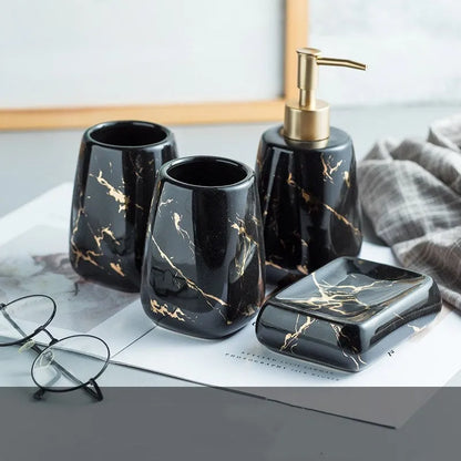 Ceramic bathroom wash set in porcelain with decal decoration, available in black, blue or white colours