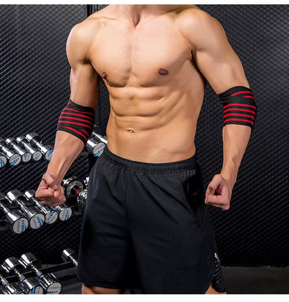 Adjustable nylon weightlifting wristband in red, orange, blue, and yellow