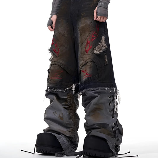 Men's retro wide leg jeans with detachable trouser legs in denim fabric