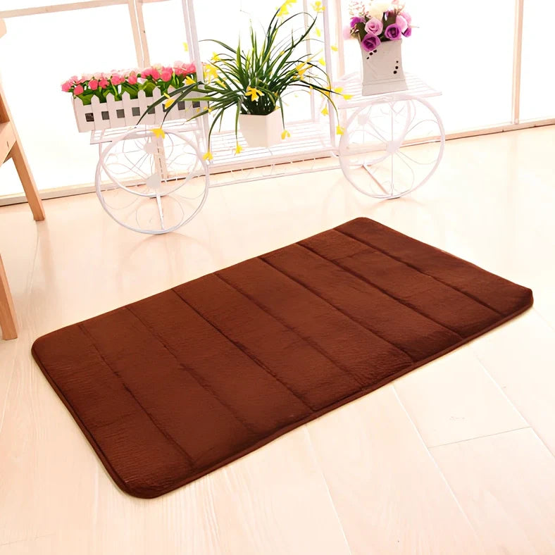 Memory foam bathroom carpet with coral fleece surface and non-slip latex backing in beige colour