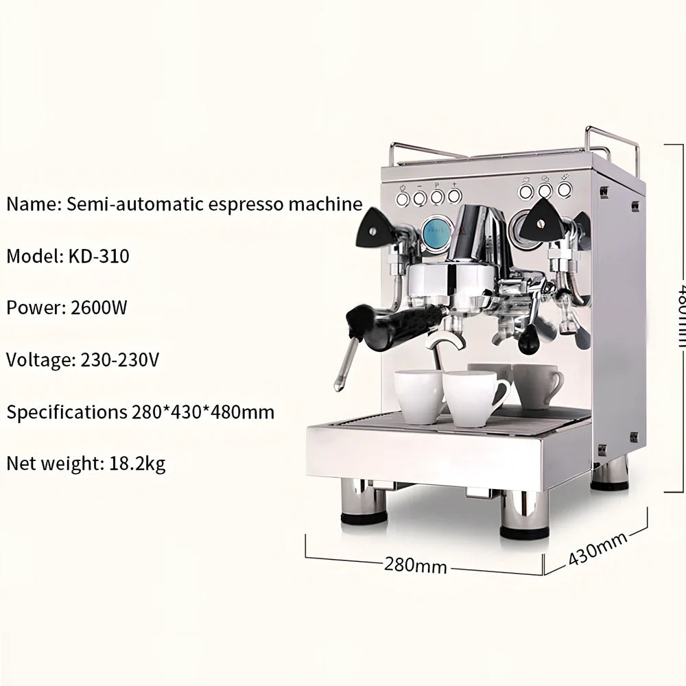 Full semi-automatic espresso machine in silver, 280mm wide with steam wand and UK plug for home brewing