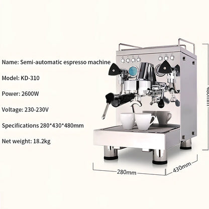 Full semi-automatic espresso machine in silver, 280mm wide with steam wand and UK plug for home brewing
