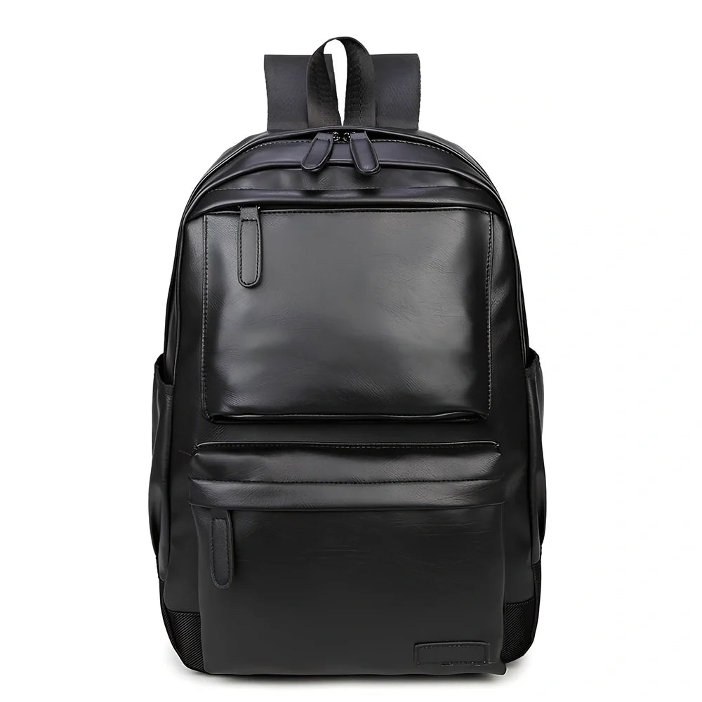 Black men's PU leather backpack with computer pocket and adjustable shoulder straps