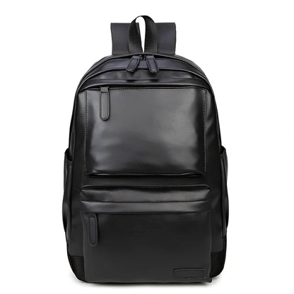 Black men's PU leather backpack with computer pocket and adjustable shoulder straps